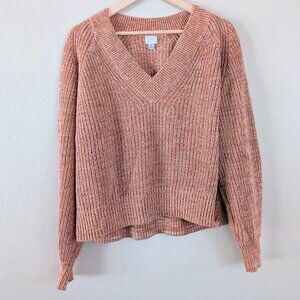 A New Day Womens Shaker Stitch V-Neck Sweater Orange Marled M Hygge Cabin Autumn